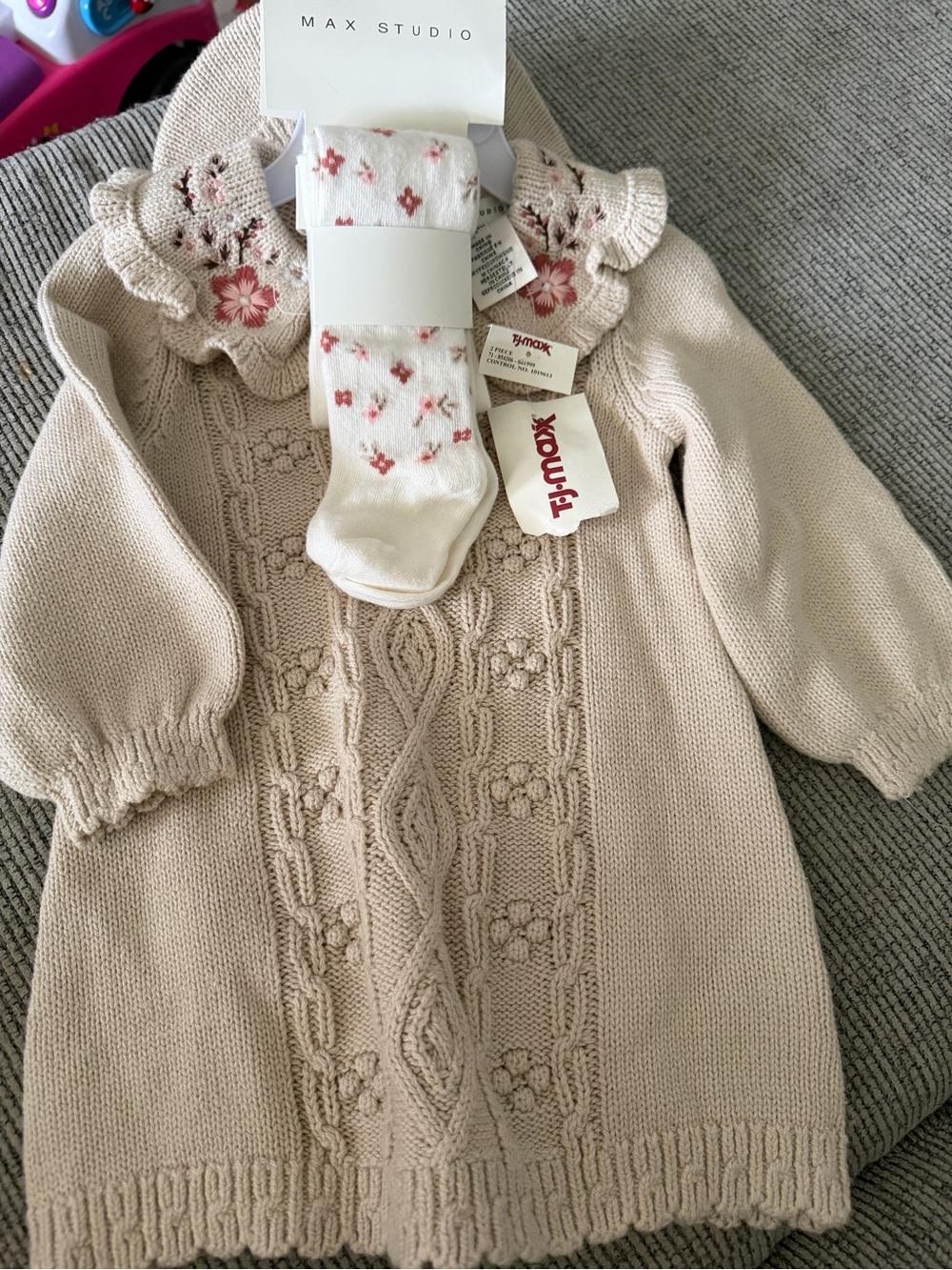 Max Studio Beige Knit Baby Dress with Pink Floral Collar
